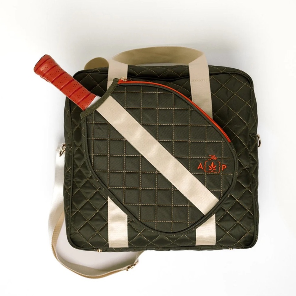 Aesthetica Olive Quilted Tennis Travel Bag with Cream Straps and Orange Accents